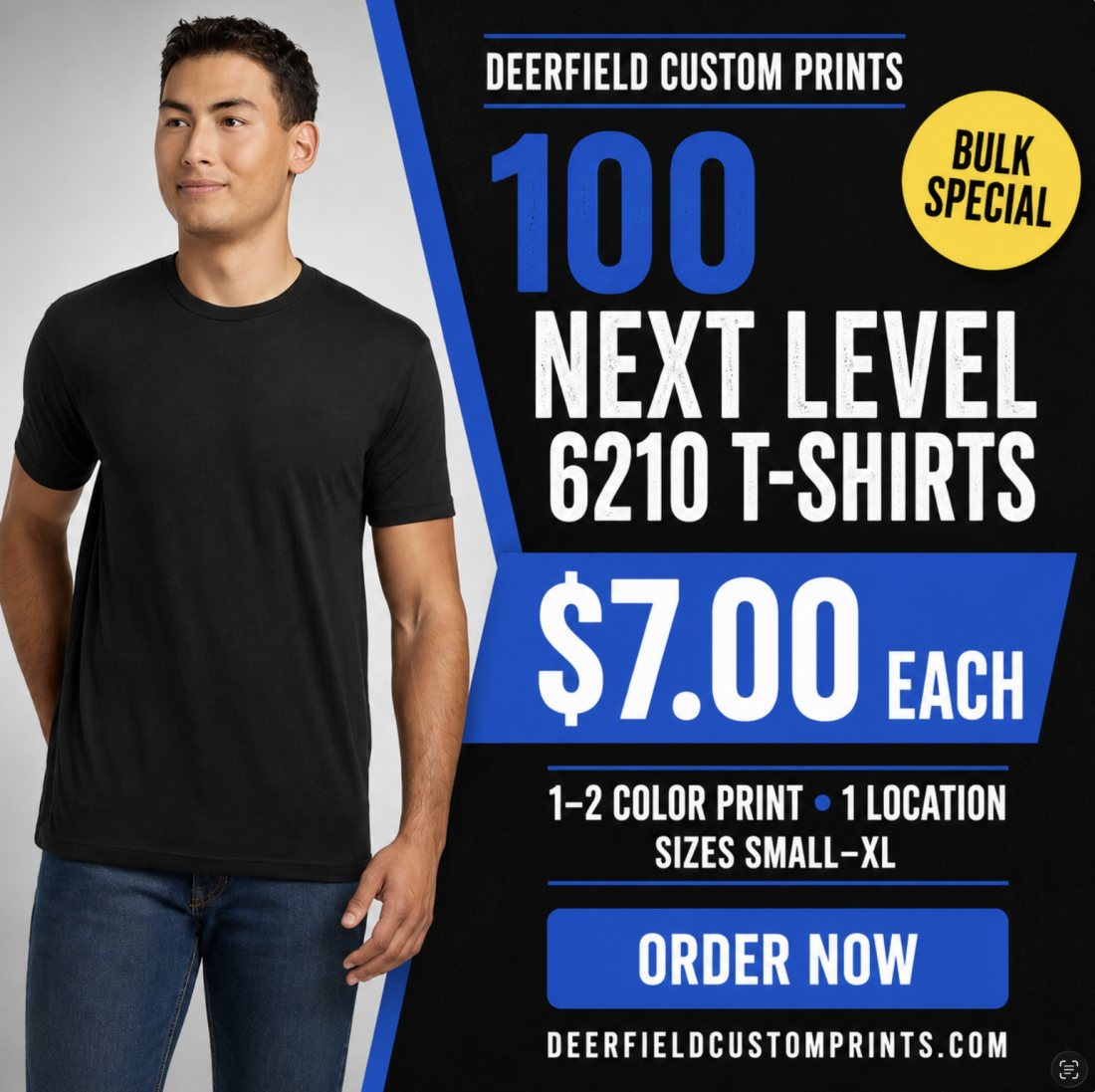 100 Next Level 6210 t-shirts printed for $7 each - Deerfield Custom Prints bulk special